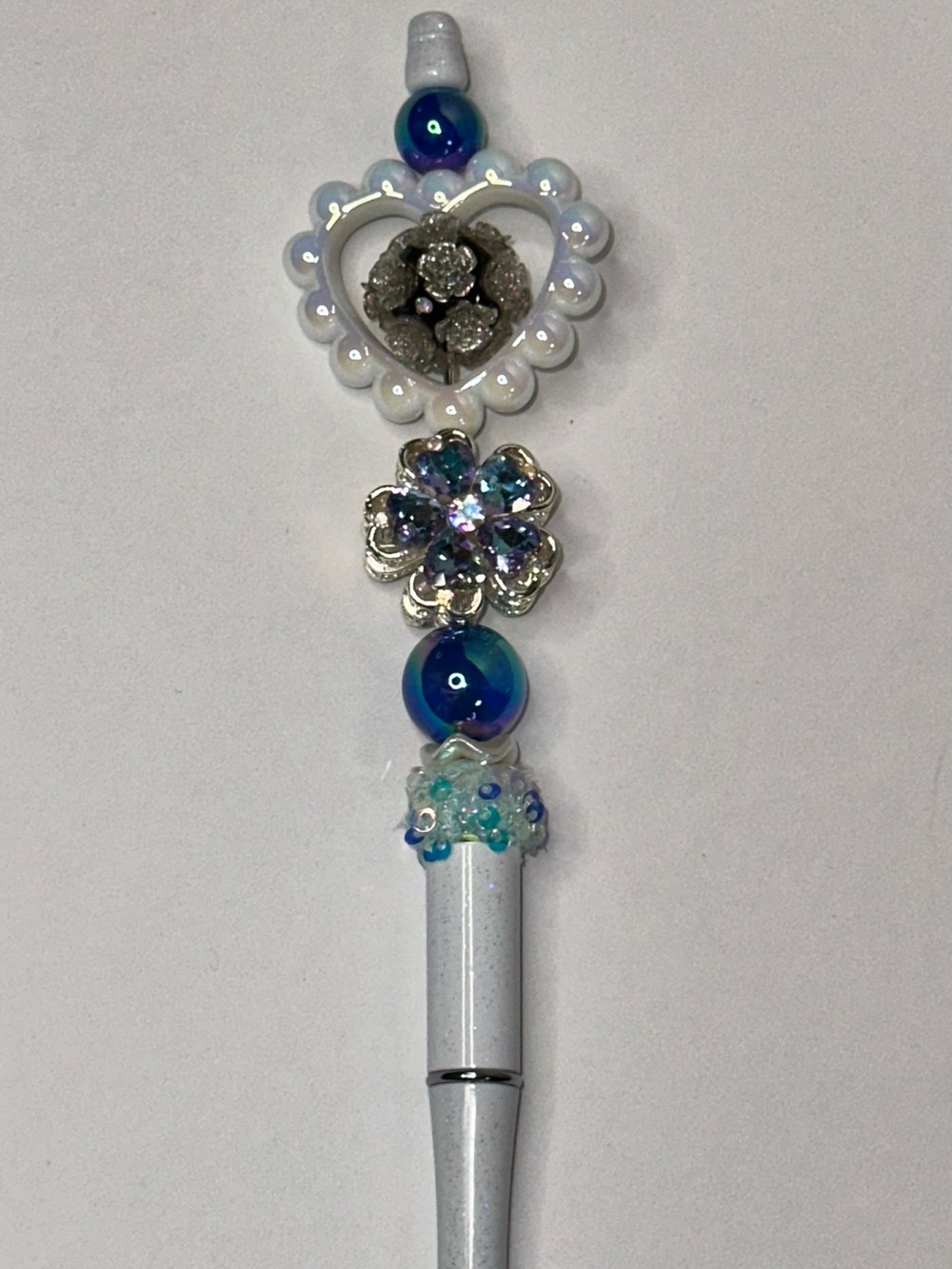 Decorative Blue and White Crystal Heart Pen - with Extender
